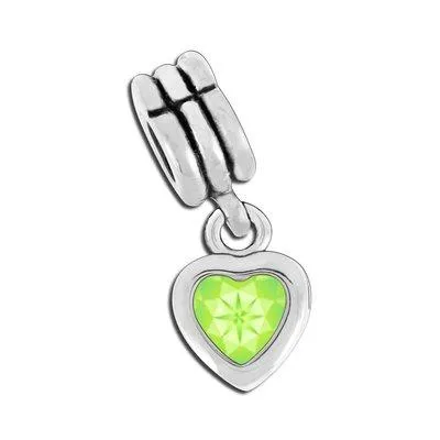 11mm Dangling Heart with Light Emerald CZ Stone Large Hole Bead - Rhodium Plated (2 Pieces)