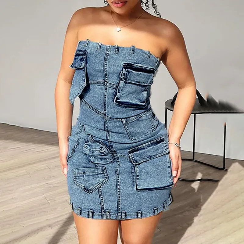 2000s dti Personalized Street Denim Hip Skirt  Spring New Solid Color Stitching Multi-Pocket Tube Top High Waist Dress Women