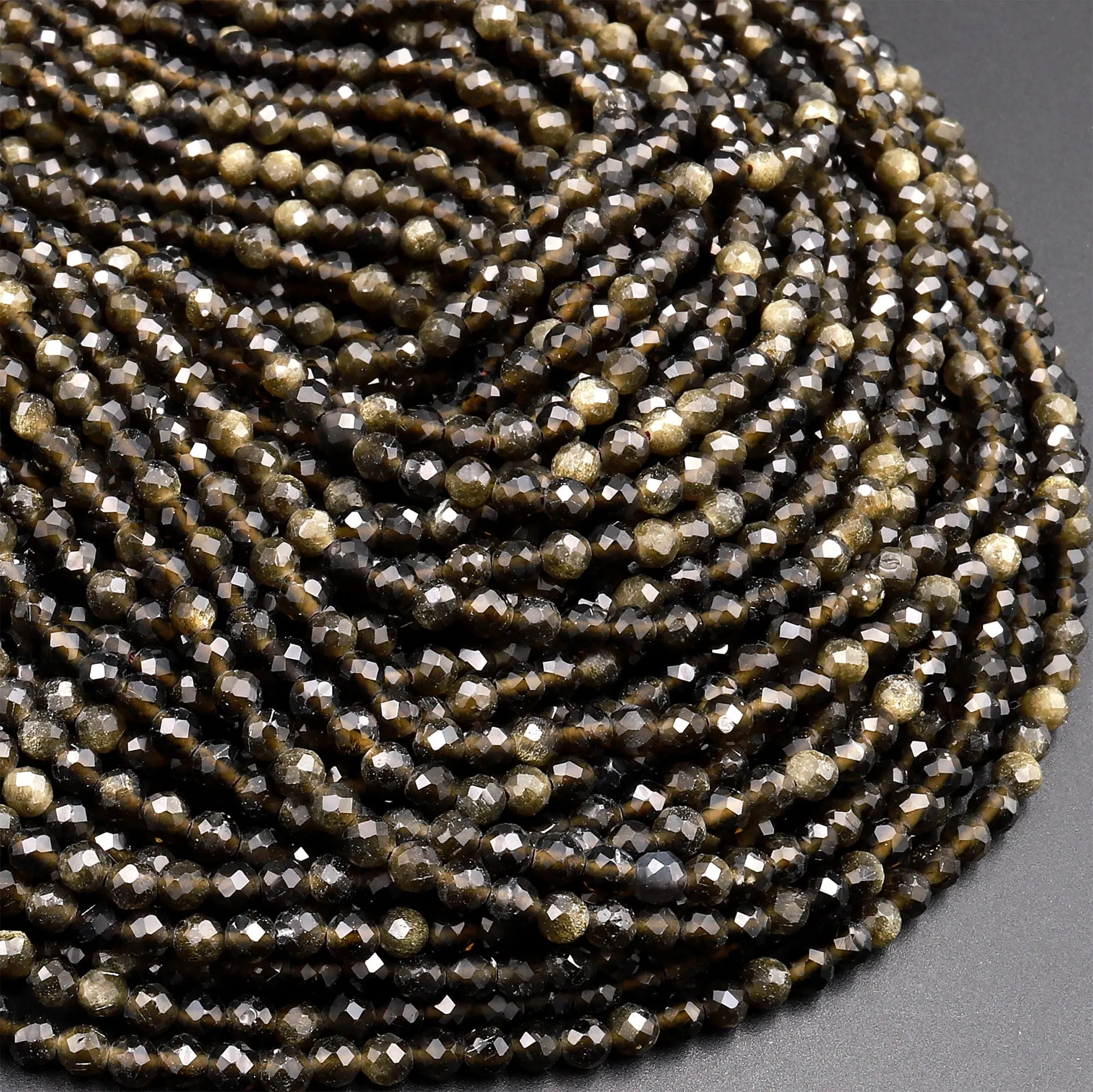 AAA Faceted Golden Obsidian 2mm 3mm Round Beads 15.5" Strand