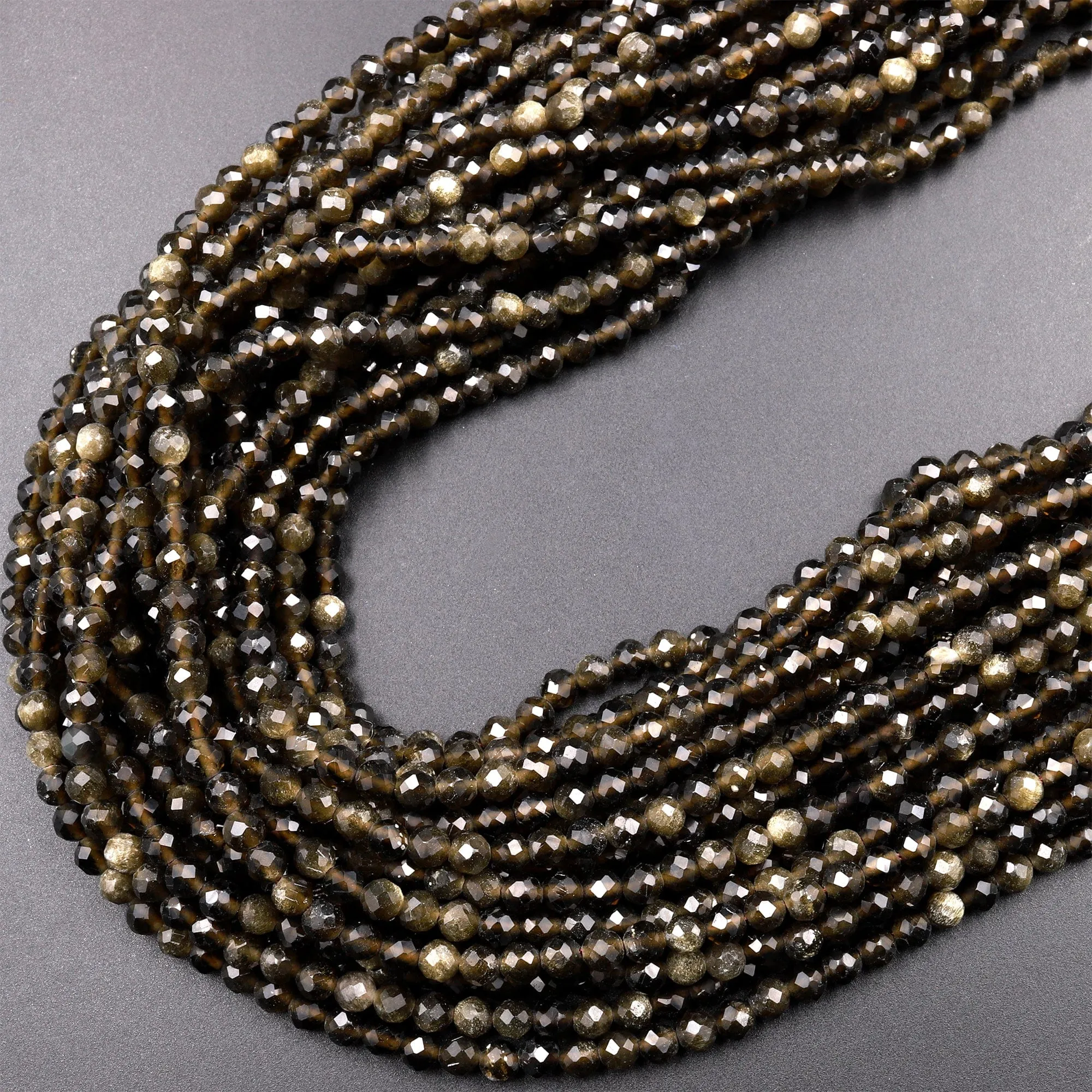 AAA Faceted Golden Obsidian 2mm 3mm Round Beads 15.5" Strand