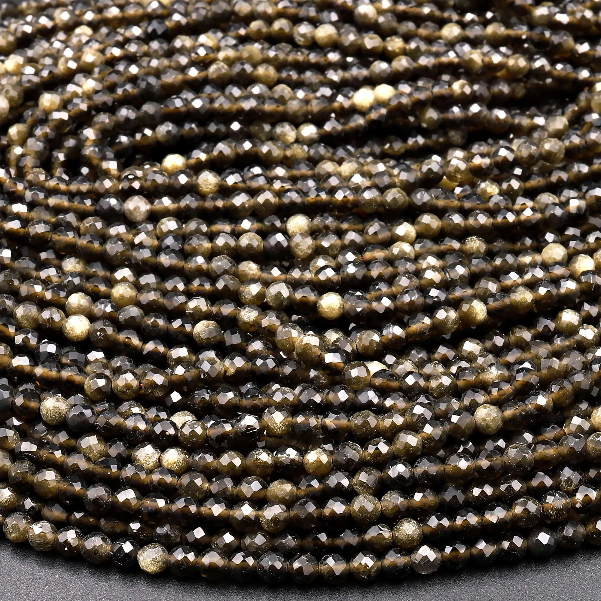 AAA Faceted Golden Obsidian 2mm 3mm Round Beads 15.5" Strand