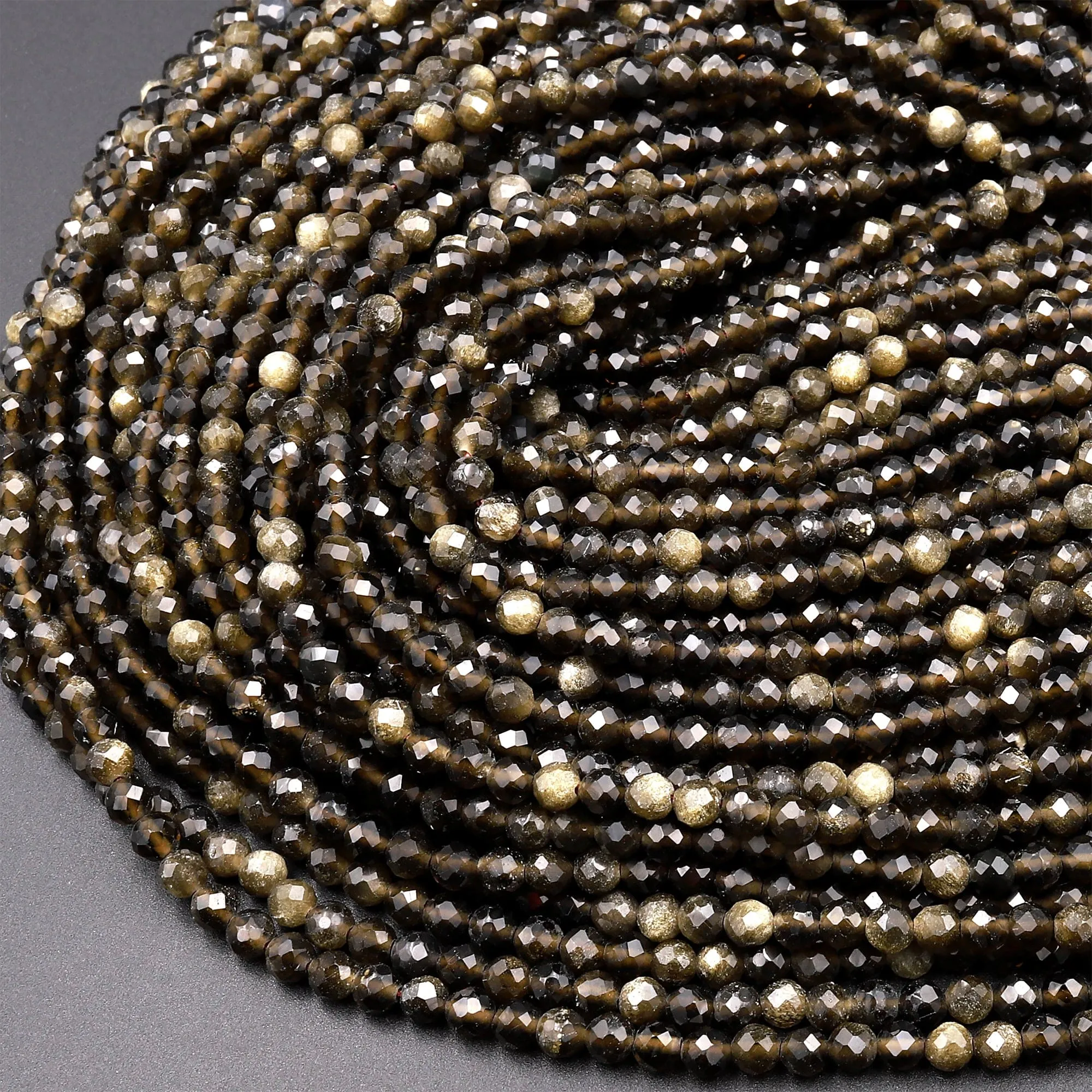 AAA Faceted Golden Obsidian 2mm 3mm Round Beads 15.5" Strand