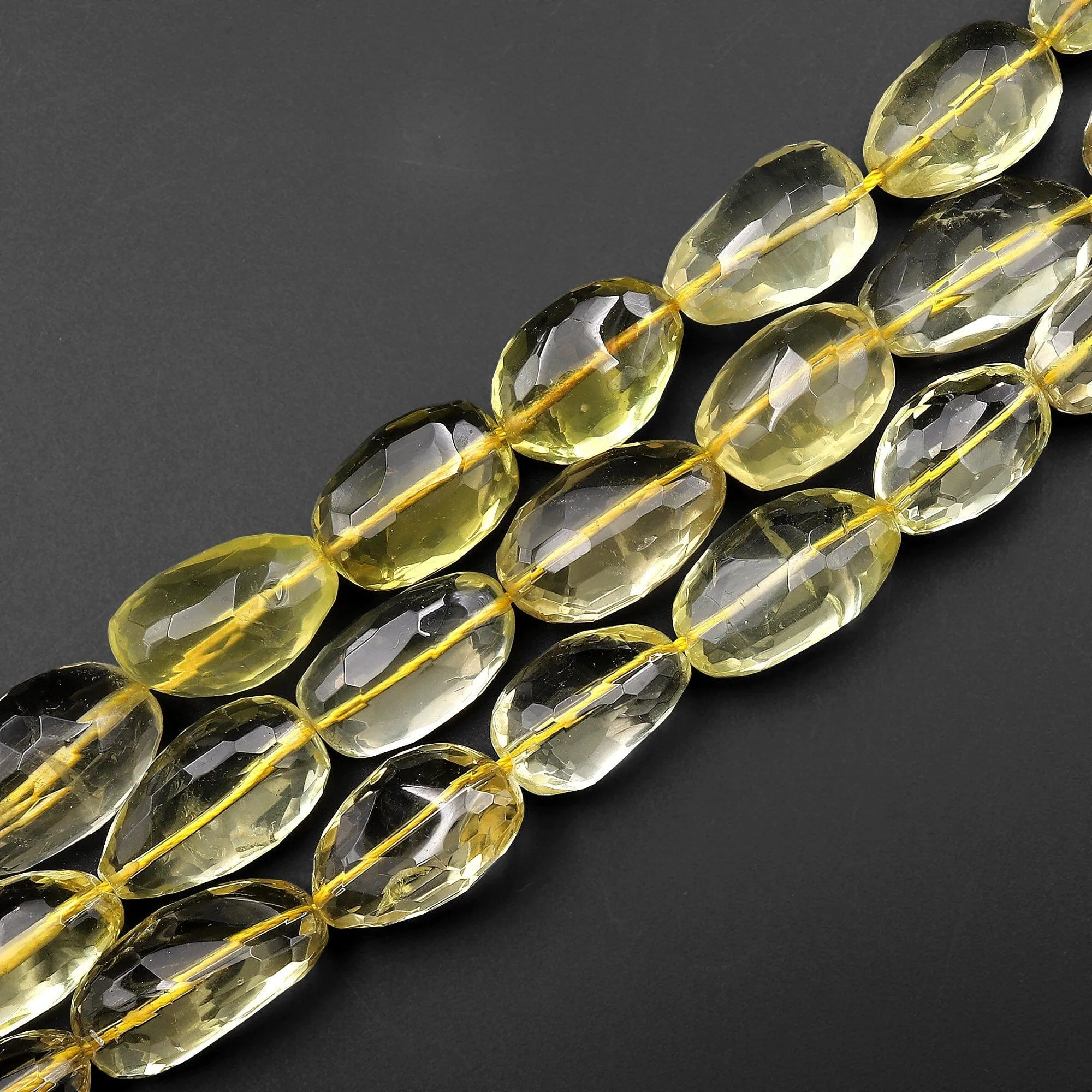 AAA Faceted Real Genuine Natural Lemon Quartz Faceted Freeform Oval Nuuget Beads 15.5" Strand