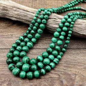 AAA Graduated Natural Green Malachite Smooth Round Beads 18.5" Long Finished Necklace Strand