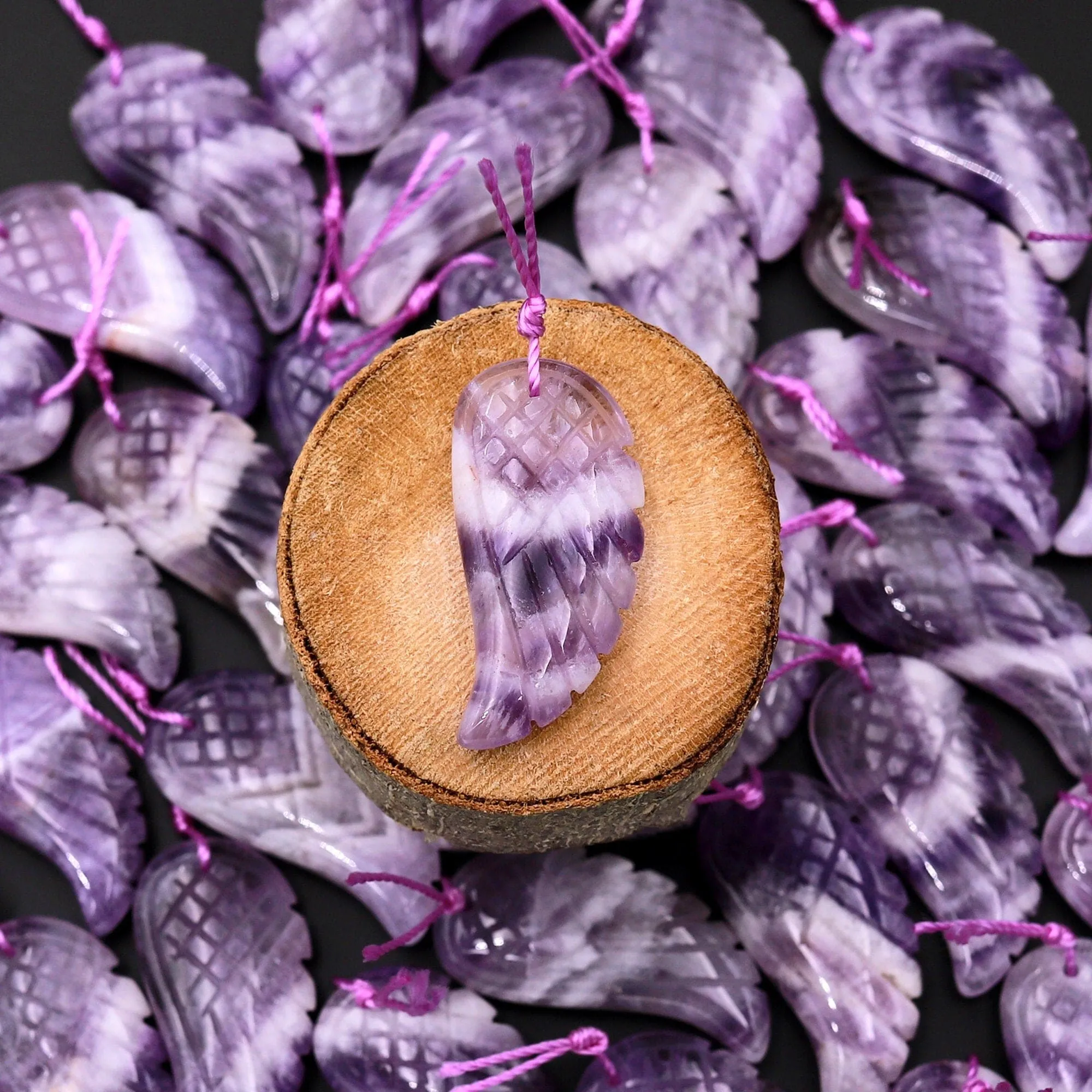 AAA Hand Carved Natural Chevron Amethyst Angel Wing Pendant Bead Drilled Gemstone