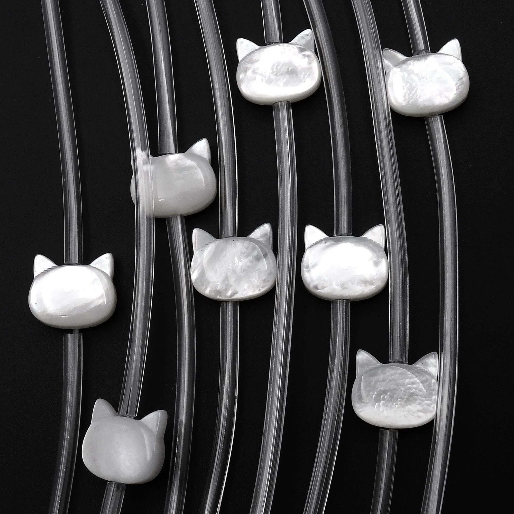 AAA Iridescent Carved Natural White Mother of Pearl Shell Cat Head Beads 8mm 10mm 8" Strand