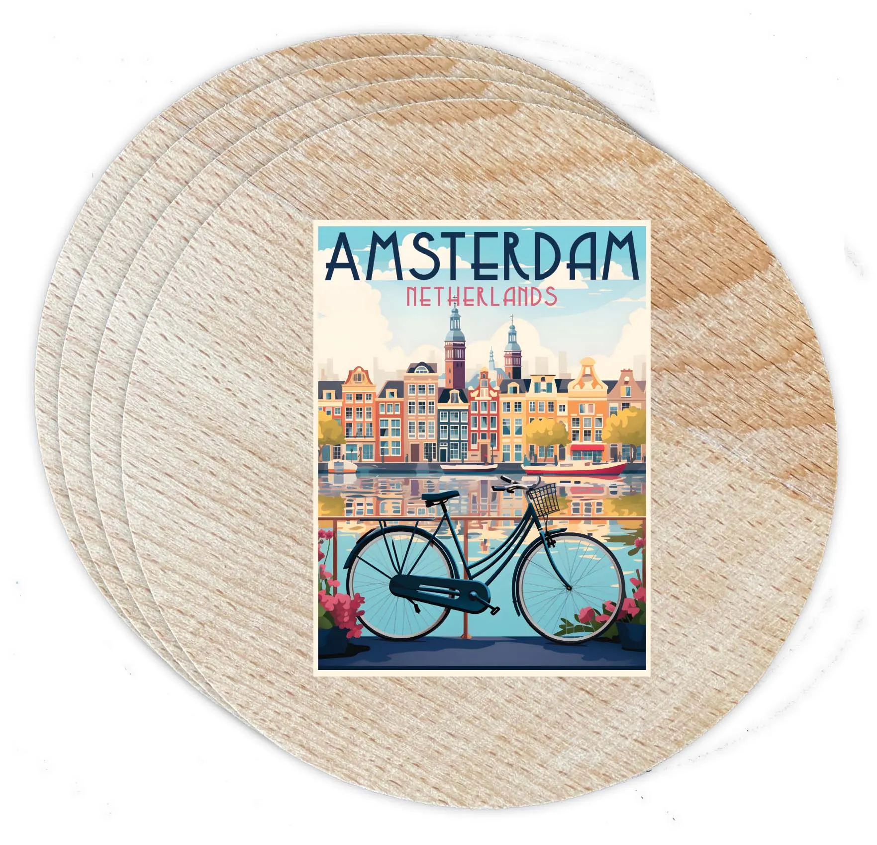 Amsterdam Netherlands Design A Souvenir Coaster Wooden 3.5 x 3.5-Inch 4 Pack