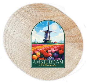 Amsterdam Netherlands Design B Souvenir Coaster Wooden 3.5 x 3.5-Inch 4 Pack