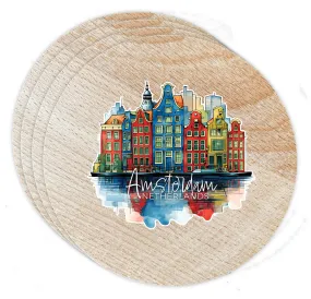 Amsterdam Netherlands Design C Souvenir Coaster Wooden 3.5 x 3.5-Inch 4 Pack