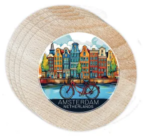 Amsterdam Netherlands Design D Souvenir Coaster Wooden 3.5 x 3.5-Inch 4 Pack