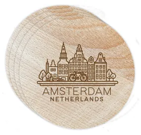 Amsterdam Netherlands Souvenir Etched Coaster Wooden 3.5 x 3.5-Inch 4 Pack