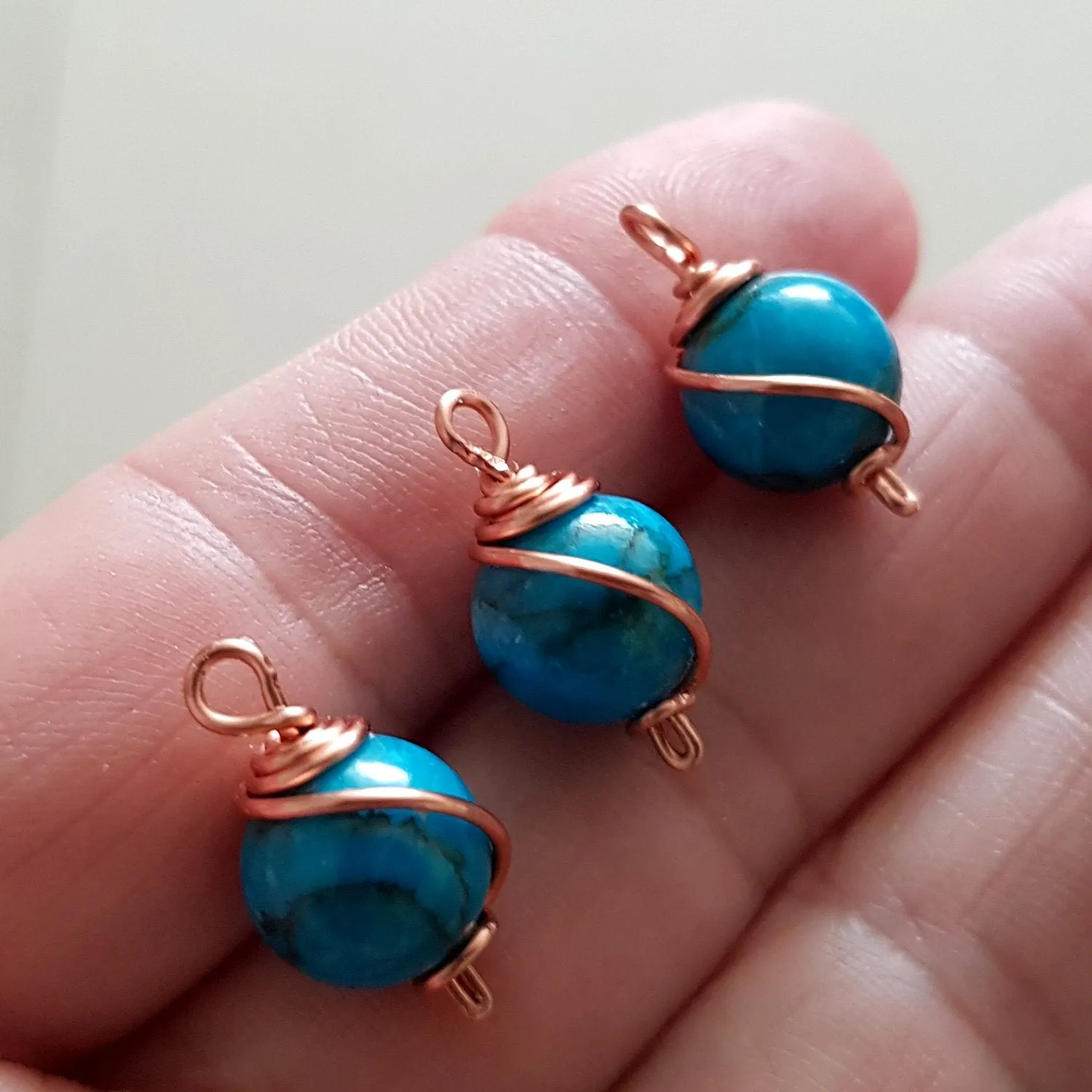 Bead Charm Copper Wire Wrapped Blue Dyed Stone 10 mm 3pc Pack | WC-003D