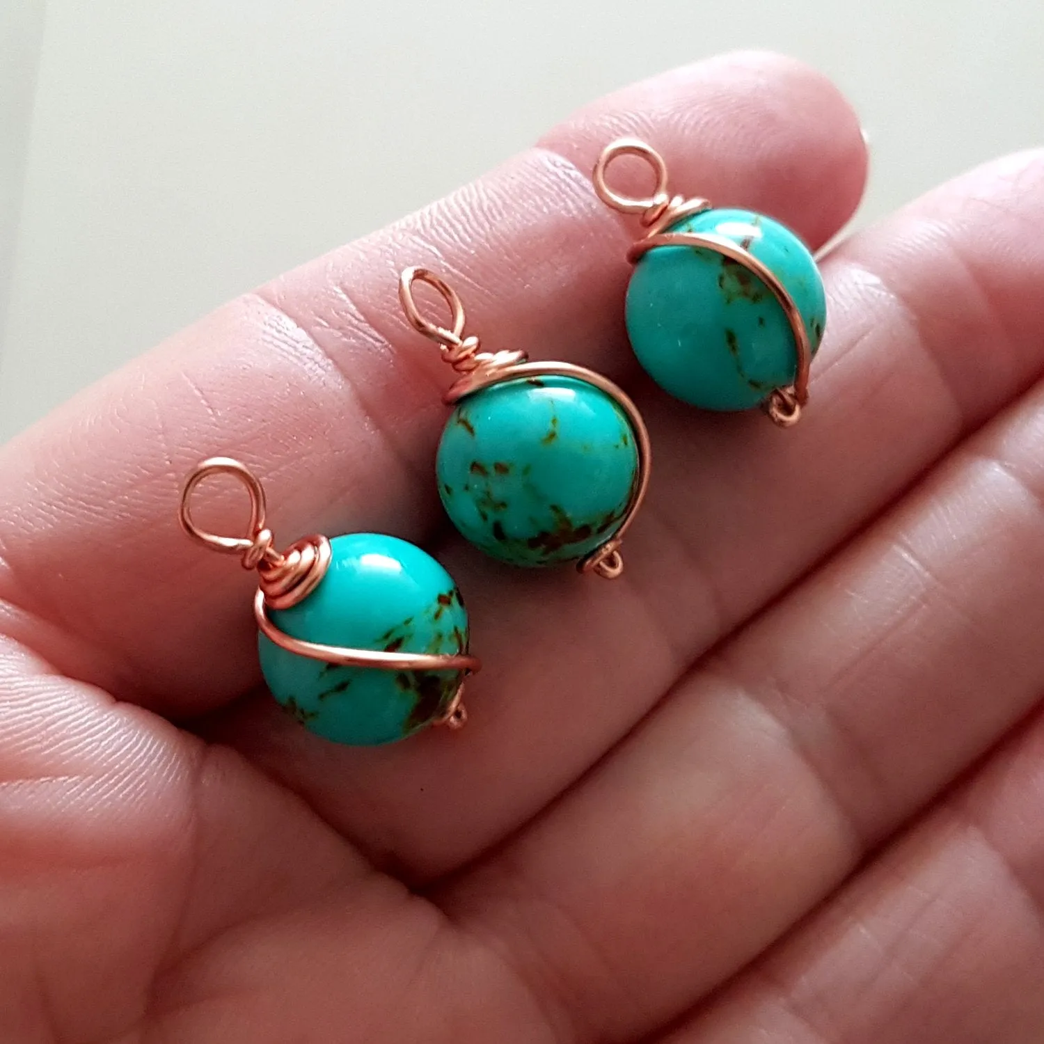 Bead Charm Copper Wire Wrapped Blue Dyed Stone 10 mm 3pc Pack | WC-003D