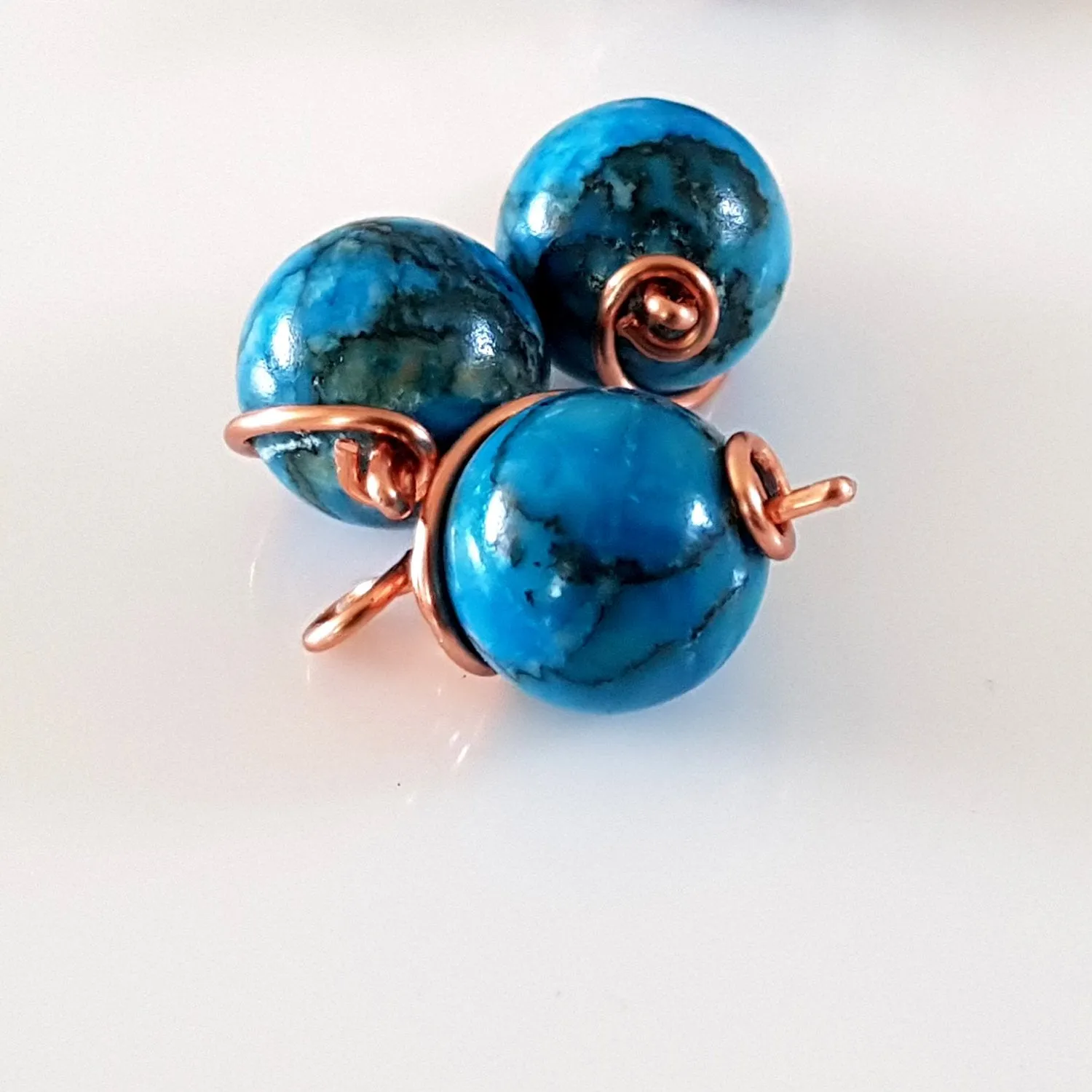 Bead Charm Copper Wire Wrapped Blue Dyed Stone 10 mm 3pc Pack | WC-003D