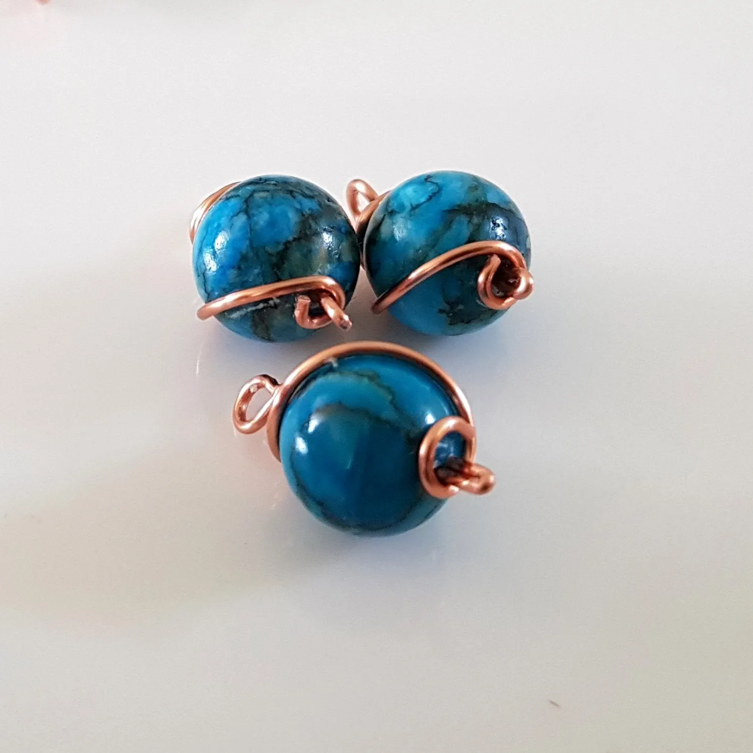 Bead Charm Copper Wire Wrapped Blue Dyed Stone 10 mm 3pc Pack | WC-003D