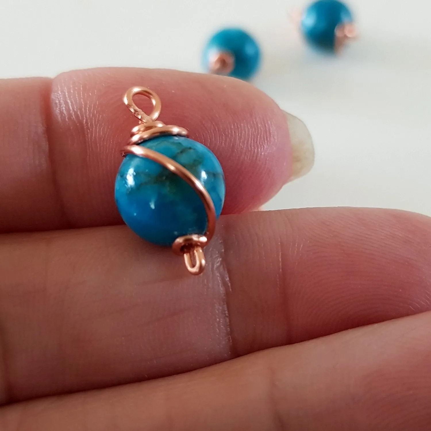 Bead Charm Copper Wire Wrapped Blue Dyed Stone 10 mm 3pc Pack | WC-003D