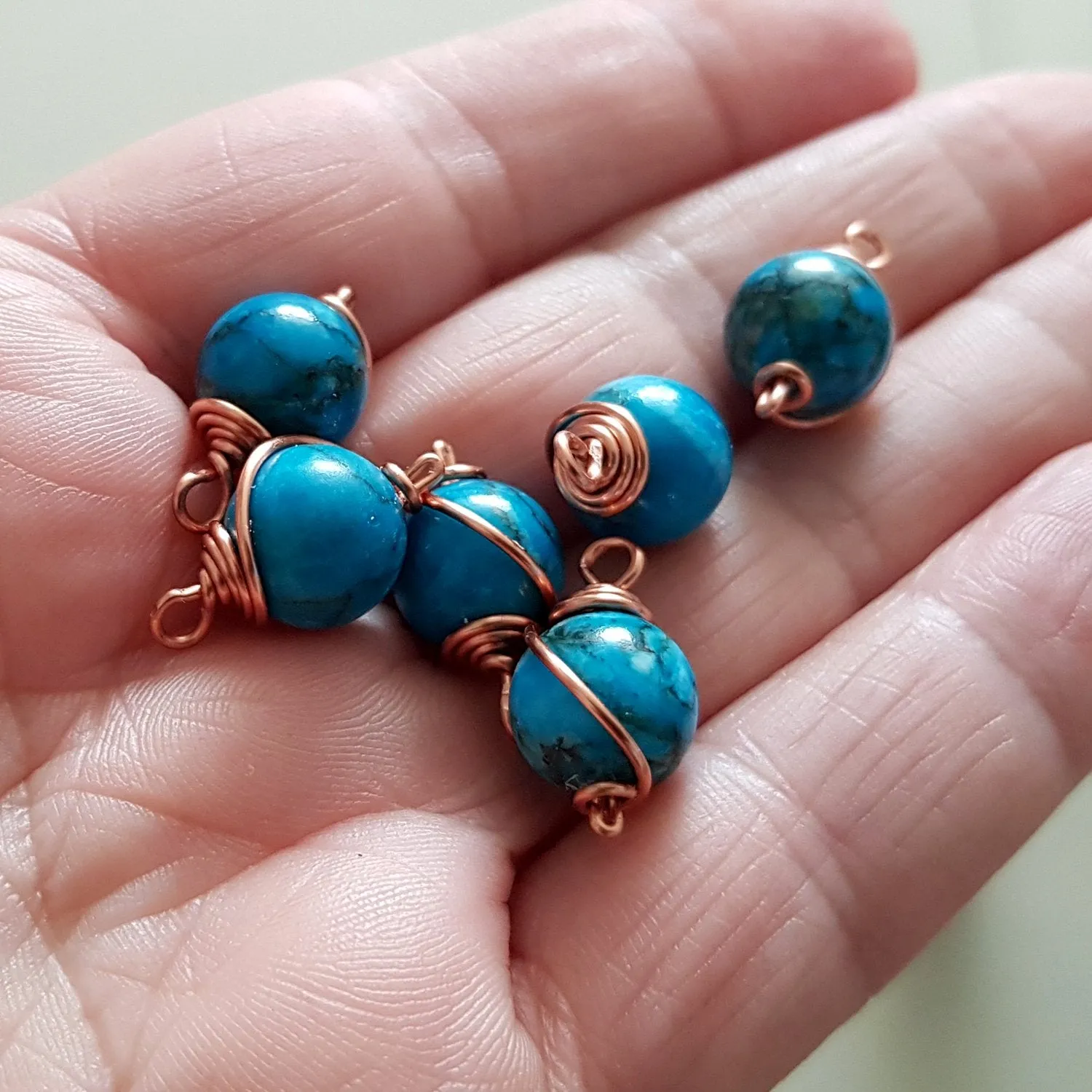 Bead Charm Copper Wire Wrapped Blue Dyed Stone 10 mm 3pc Pack | WC-003D