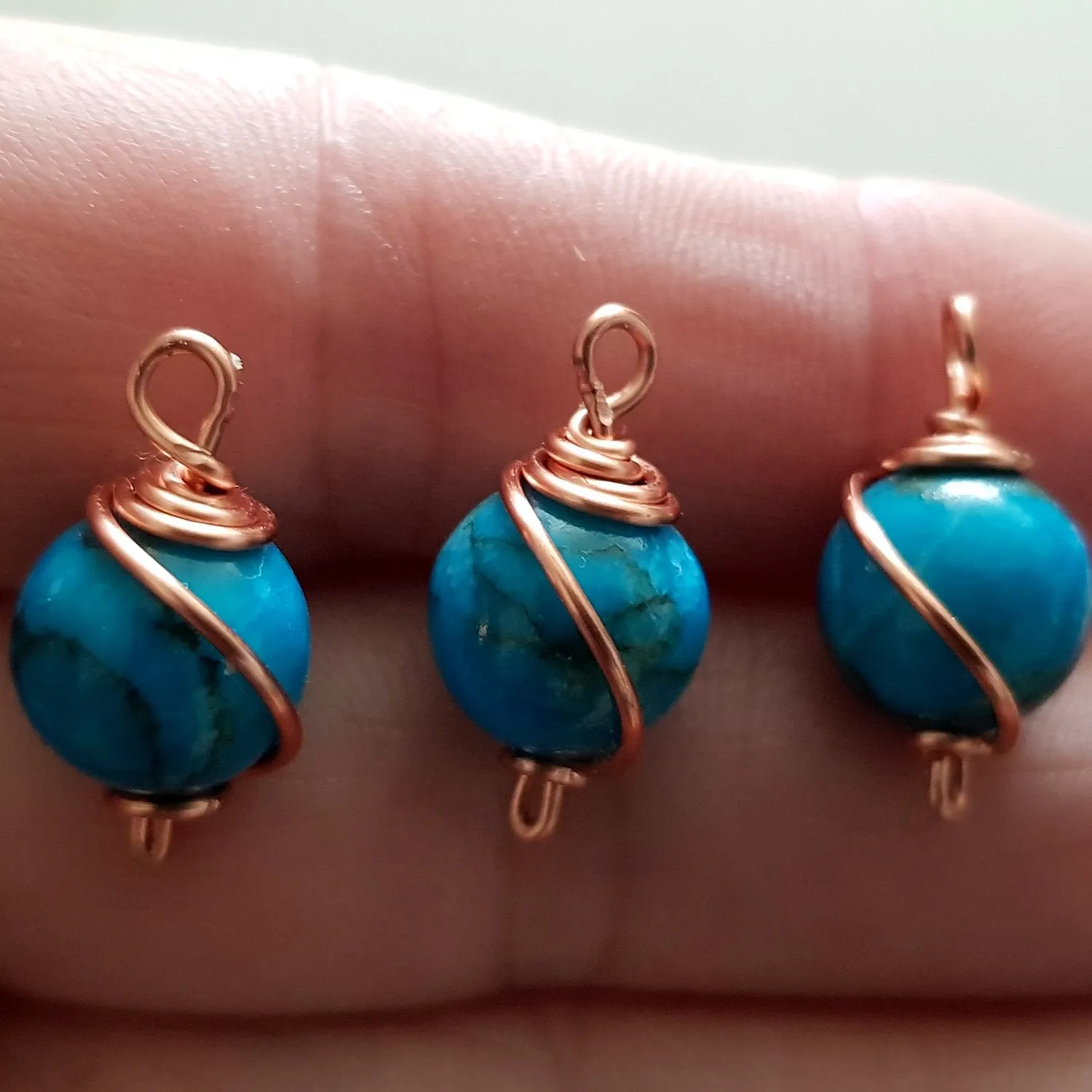 Bead Charm Copper Wire Wrapped Blue Dyed Stone 10 mm 3pc Pack | WC-003D