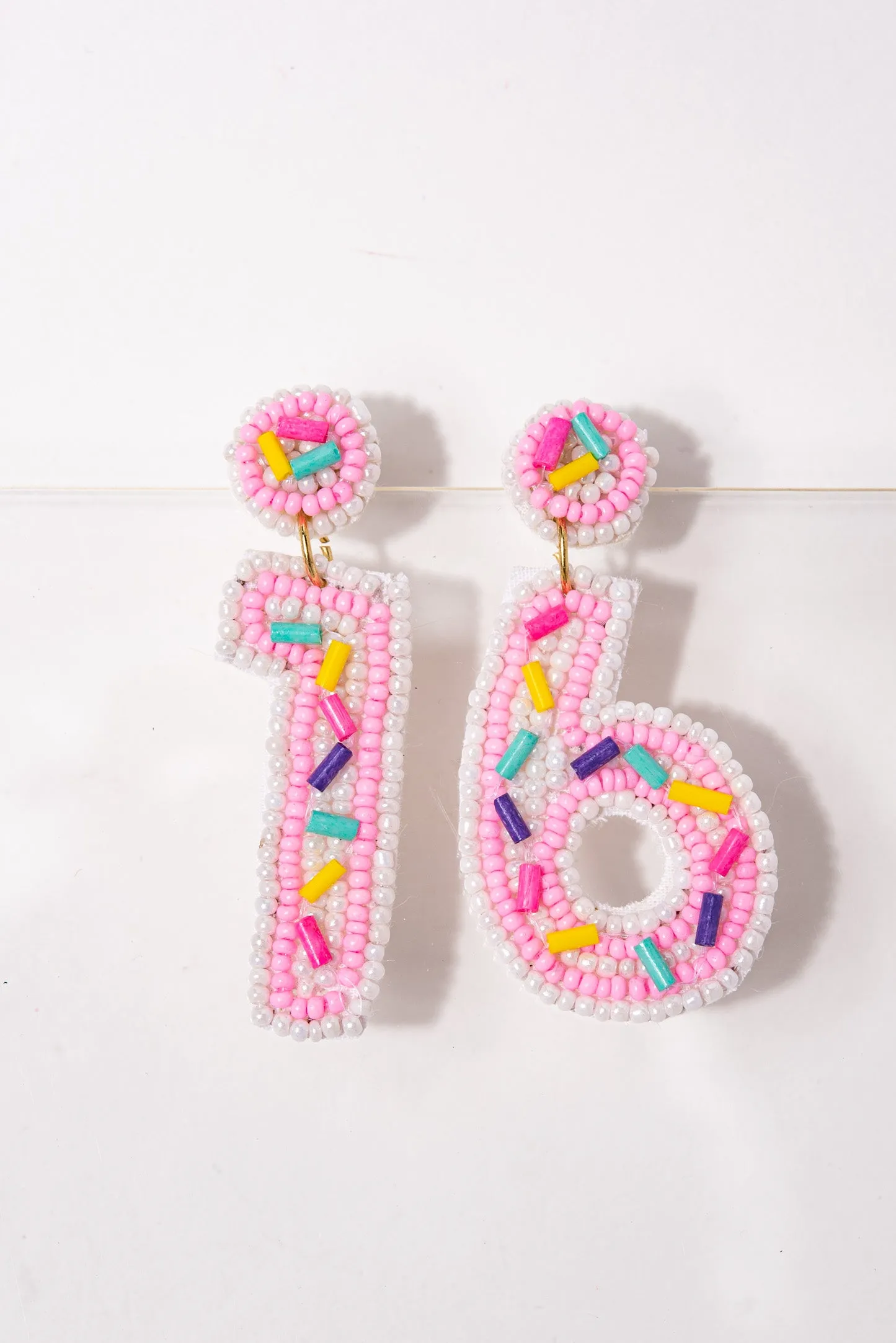 Birthday "16" Cake Beaded Dangle Earrings - White