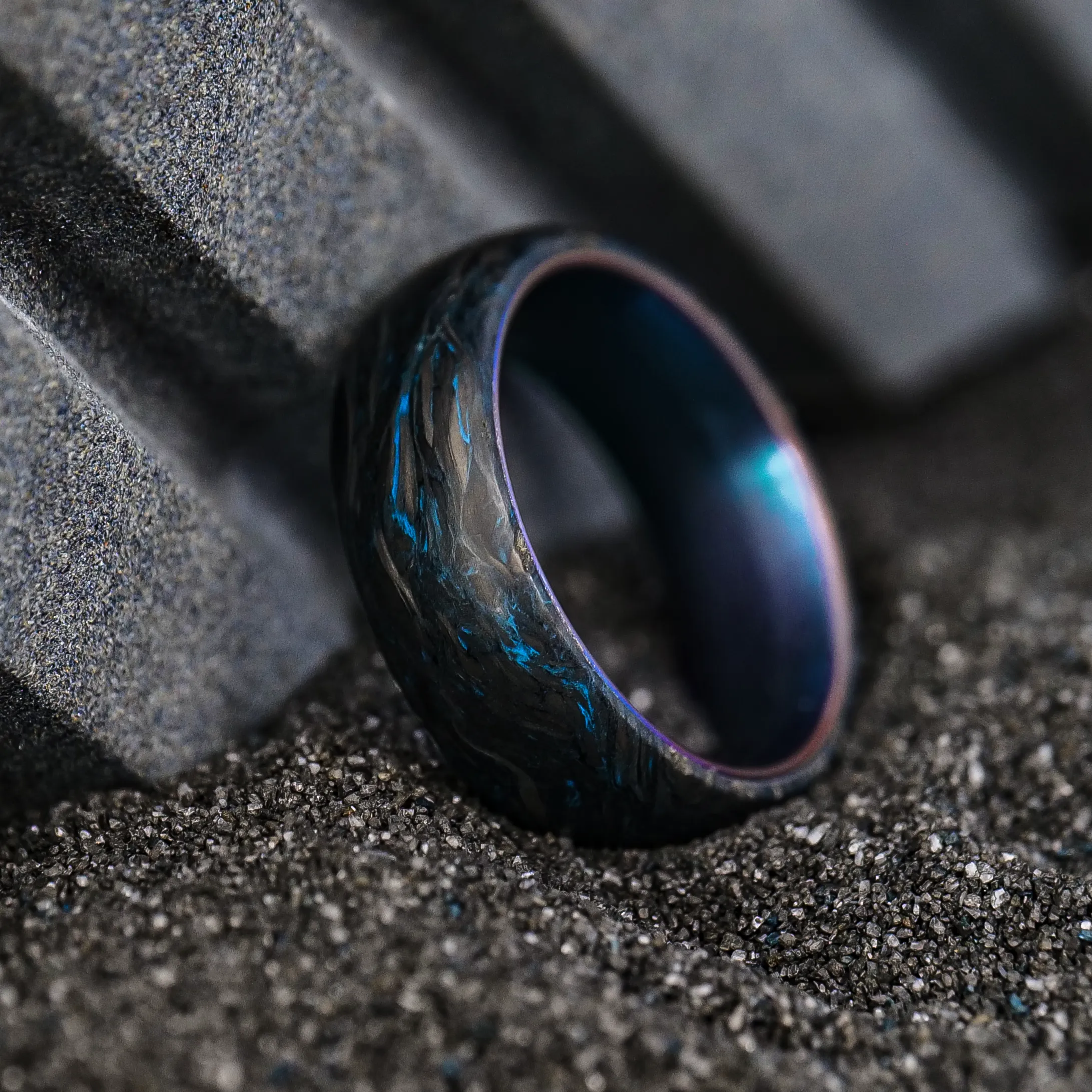 Blue Burl Carbon Fiber Ring with Anodized Titanium Liner