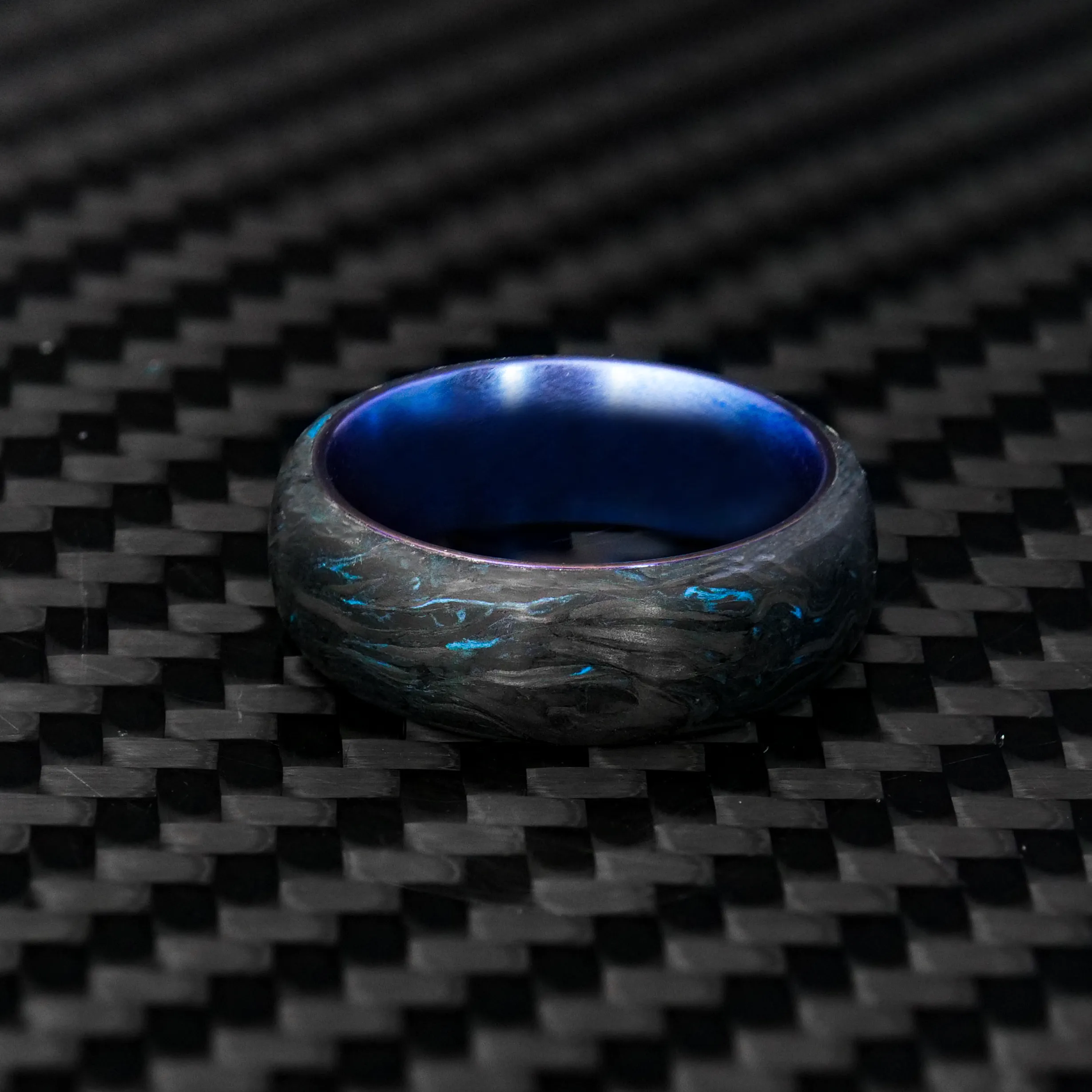 Blue Burl Carbon Fiber Ring with Anodized Titanium Liner