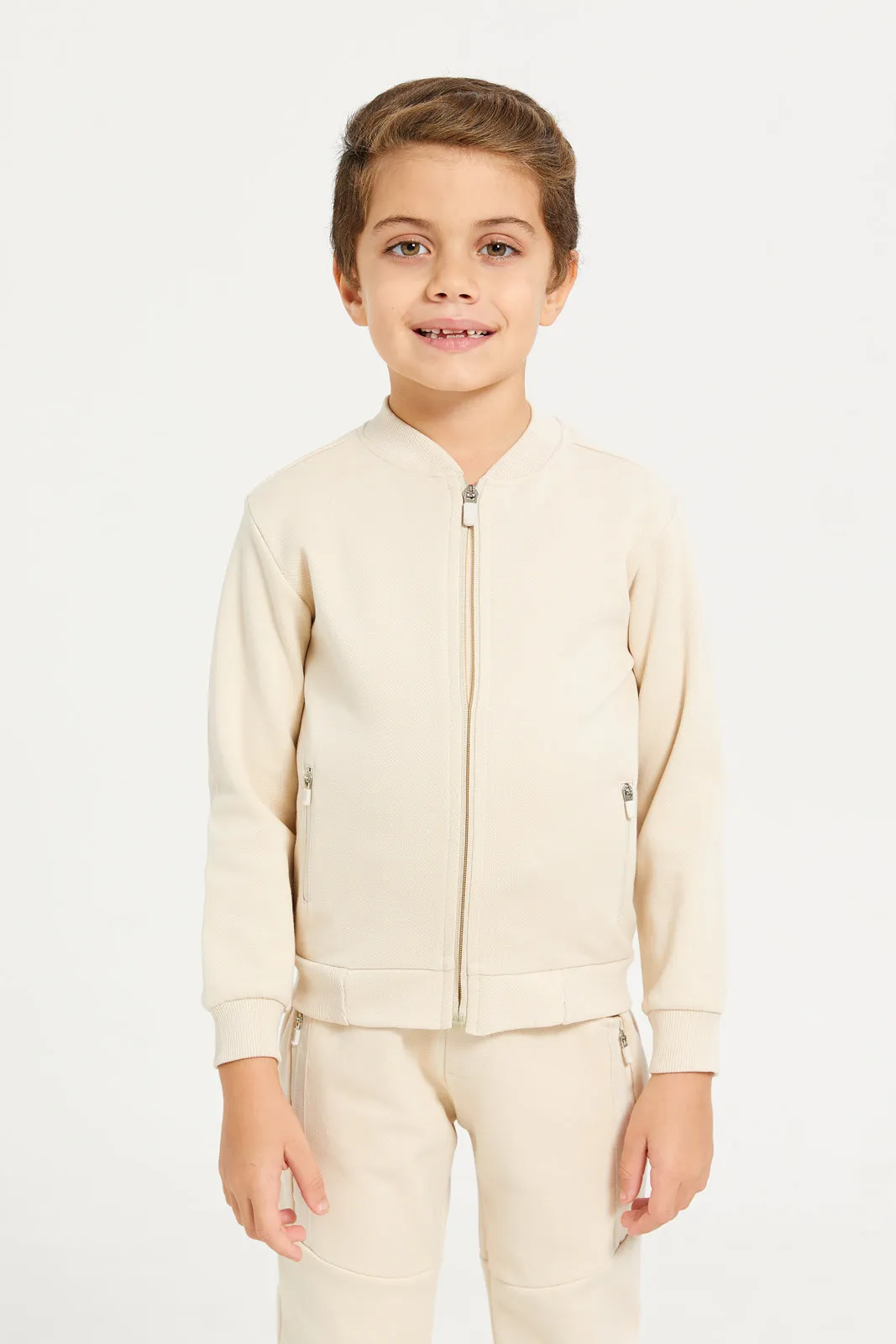 Boys Beige Front Zipper Sweatshirt