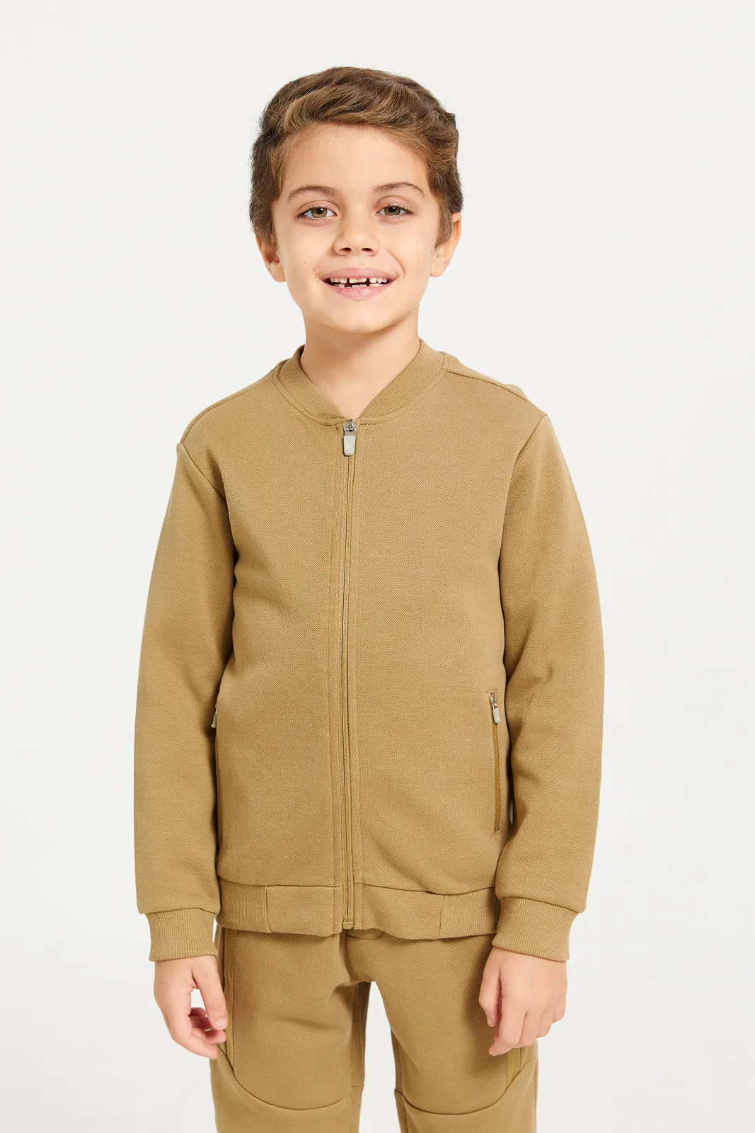 Boys Brown Front Zipper Sweatshirt