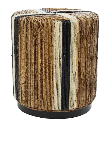 BROWN BANANA LEAF HANDMADE LINEAR WRAPPED ACCENT TABLE WITH CREAM AND BLACK STRIPES, 16" X 16" X 18"