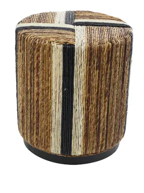 BROWN BANANA LEAF HANDMADE LINEAR WRAPPED ACCENT TABLE WITH CREAM AND BLACK STRIPES, 16" X 16" X 18"