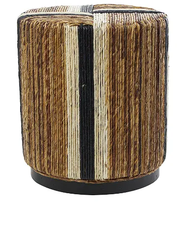 BROWN BANANA LEAF HANDMADE LINEAR WRAPPED ACCENT TABLE WITH CREAM AND BLACK STRIPES, 16" X 16" X 18"