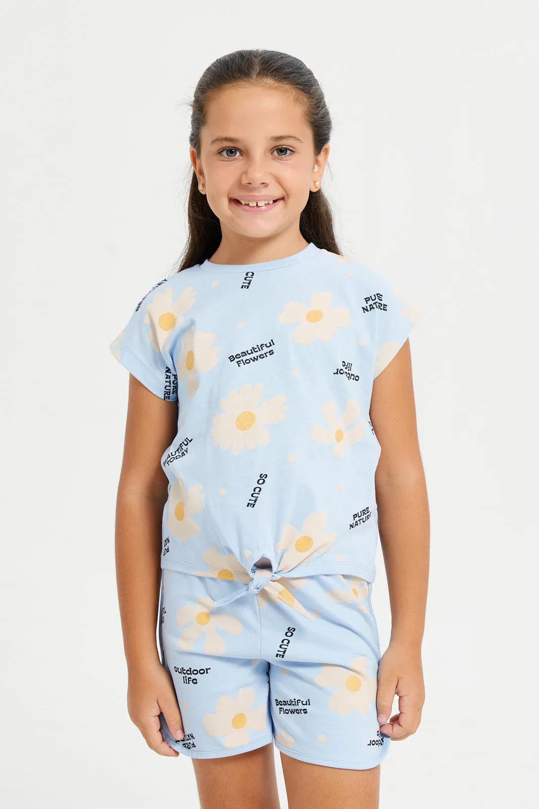 Girls Blue Flower Print Crop T-Shirt