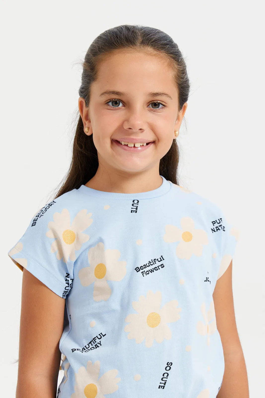 Girls Blue Flower Print Crop T-Shirt