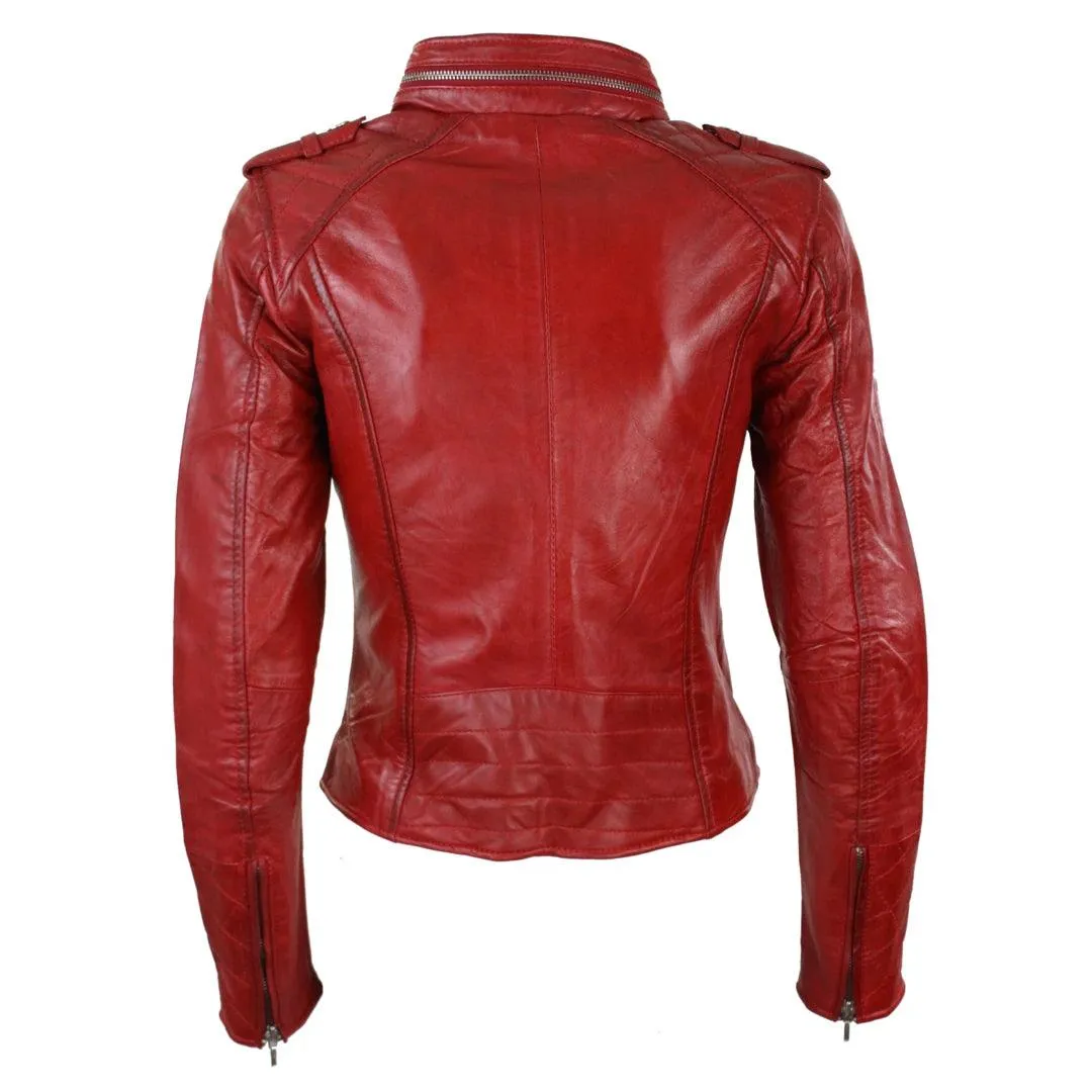 Ladies Women Genuine Real Leather Slim Fit Red Biker Jacket Velvet Lining