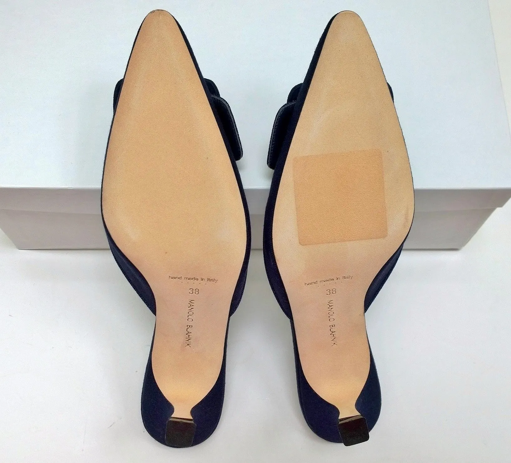 Manolo Blahnik Maysale 50 Blue Linen Buckle Mules Slide Heels