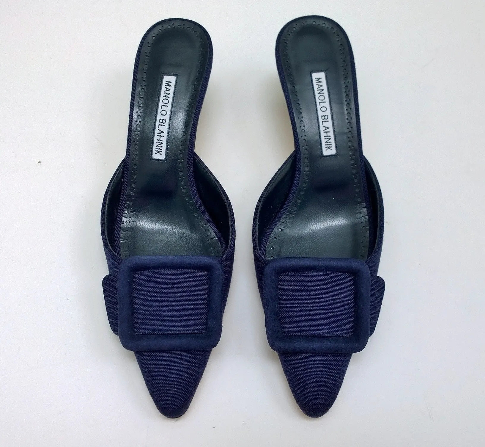 Manolo Blahnik Maysale 50 Blue Linen Buckle Mules Slide Heels