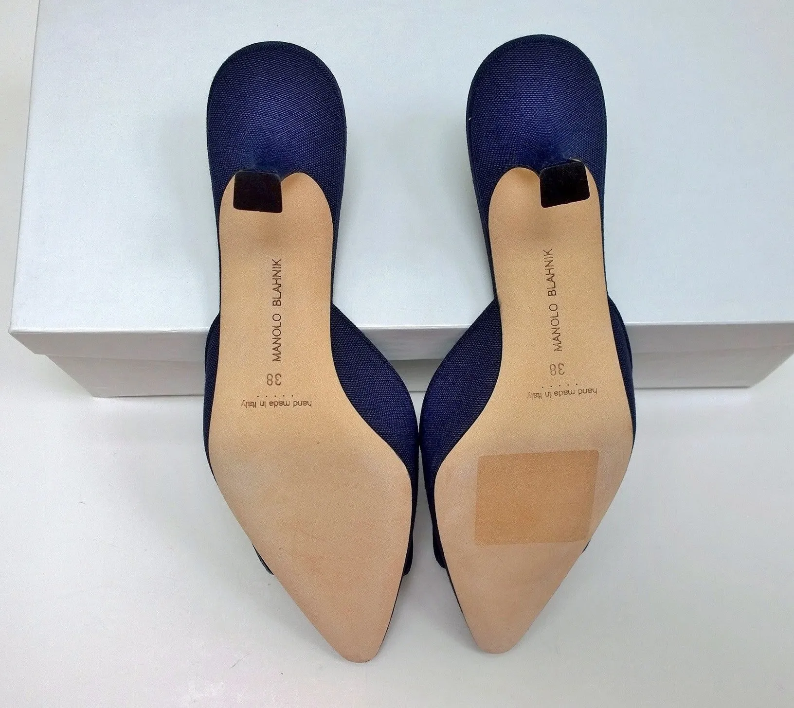 Manolo Blahnik Maysale 50 Blue Linen Buckle Mules Slide Heels