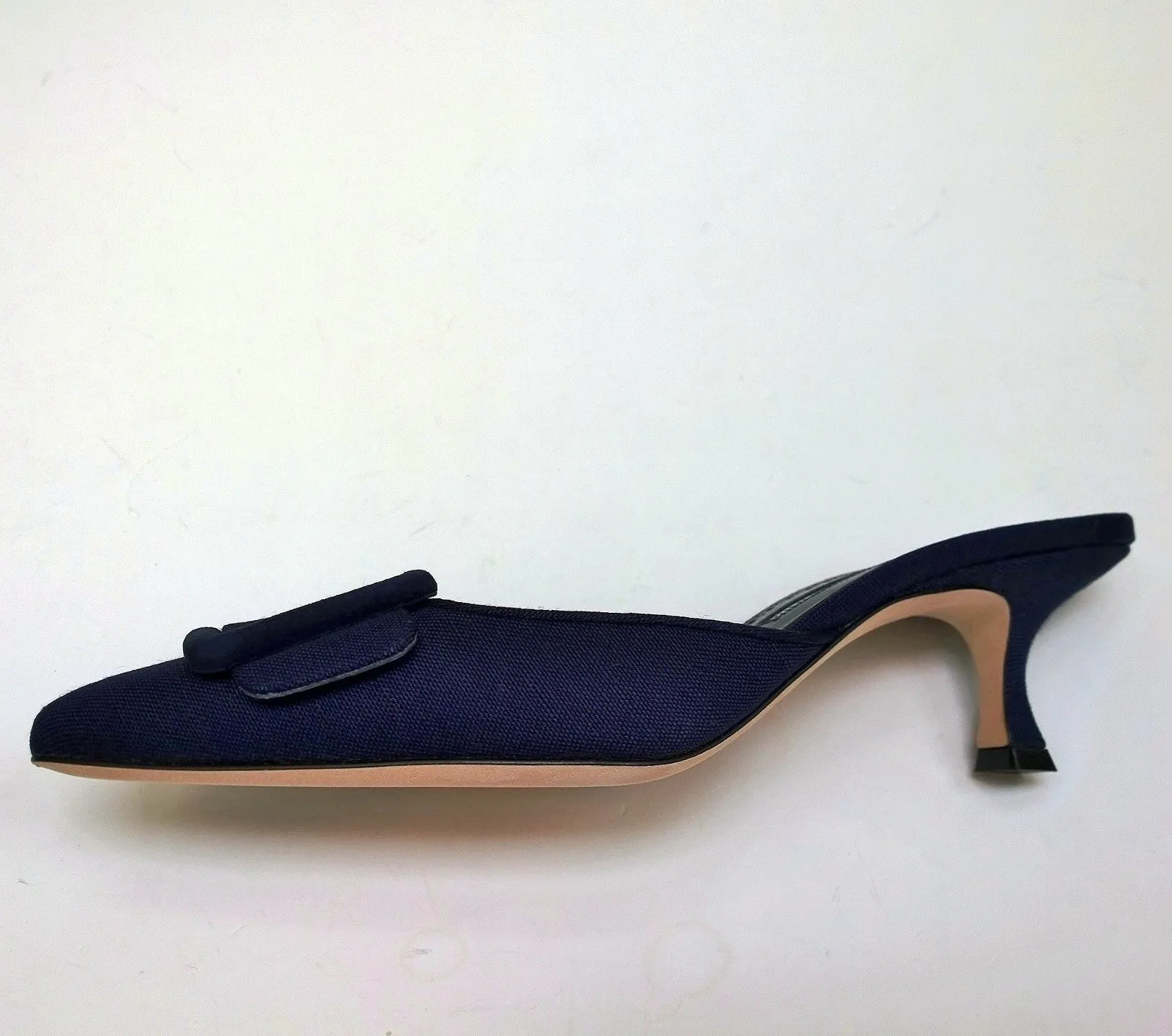 Manolo Blahnik Maysale 50 Blue Linen Buckle Mules Slide Heels