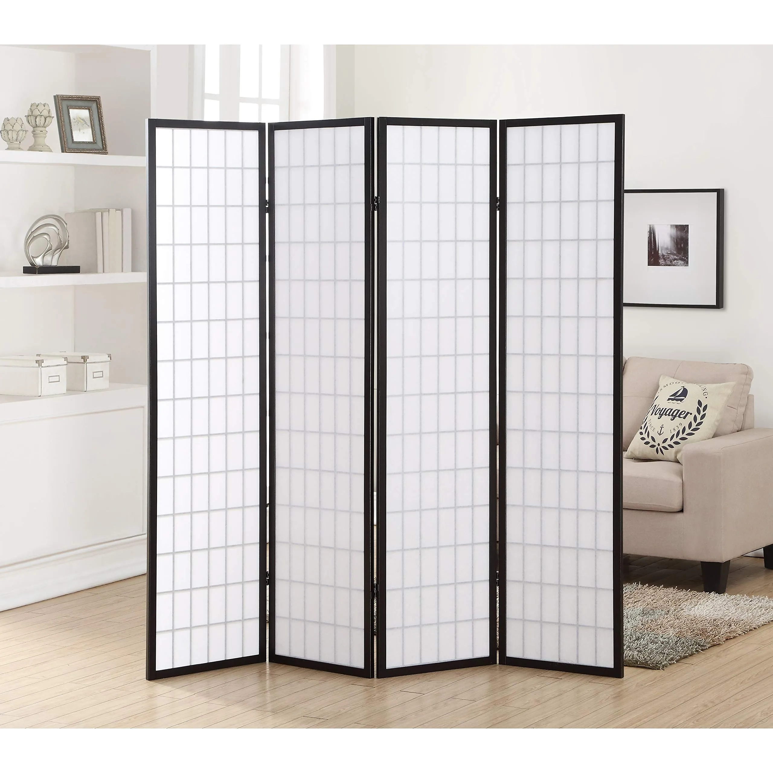 Roundhill Furniture Oriental Shoji 4 Panel Screen Room Divider, Natual