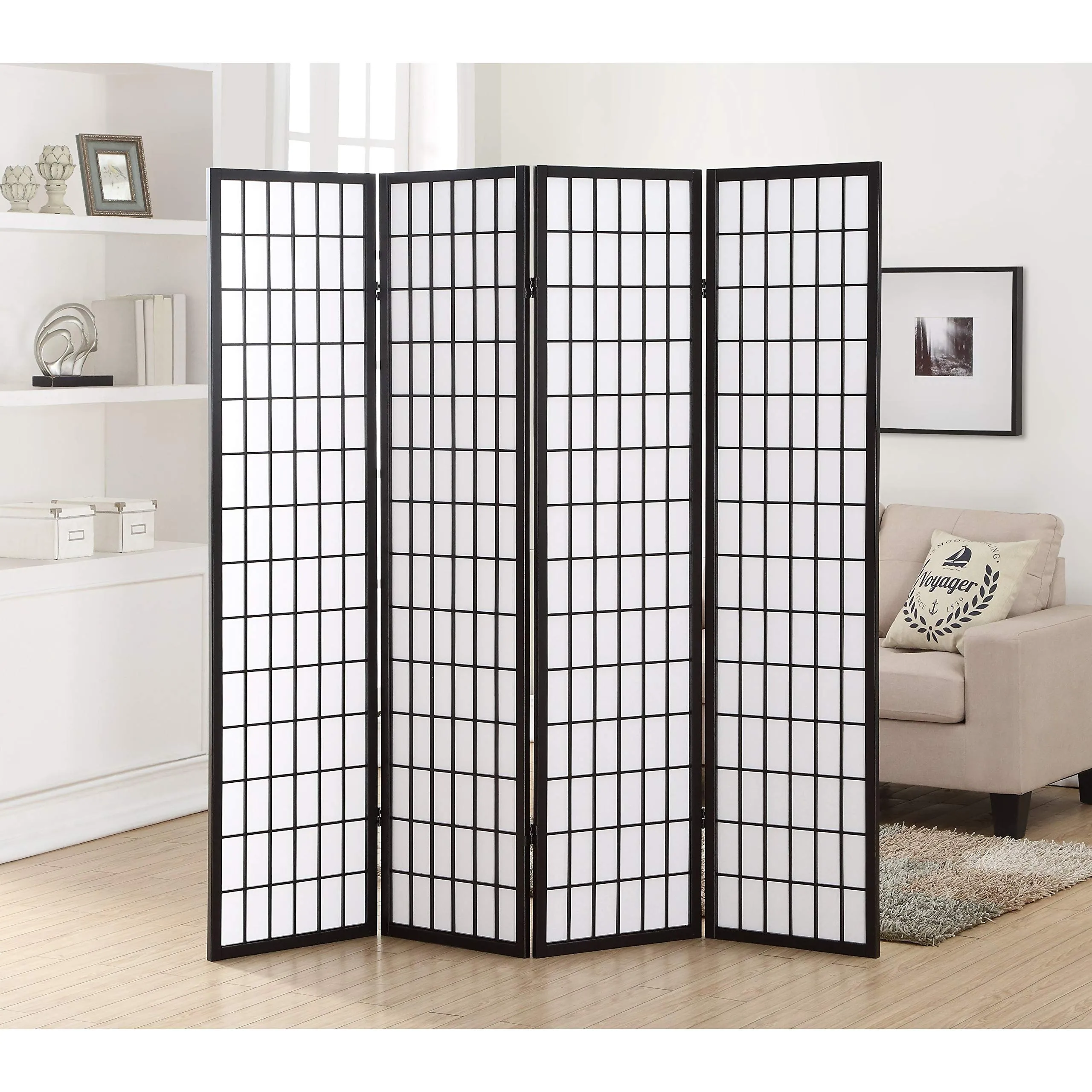 Roundhill Furniture Oriental Shoji 4 Panel Screen Room Divider, Natual