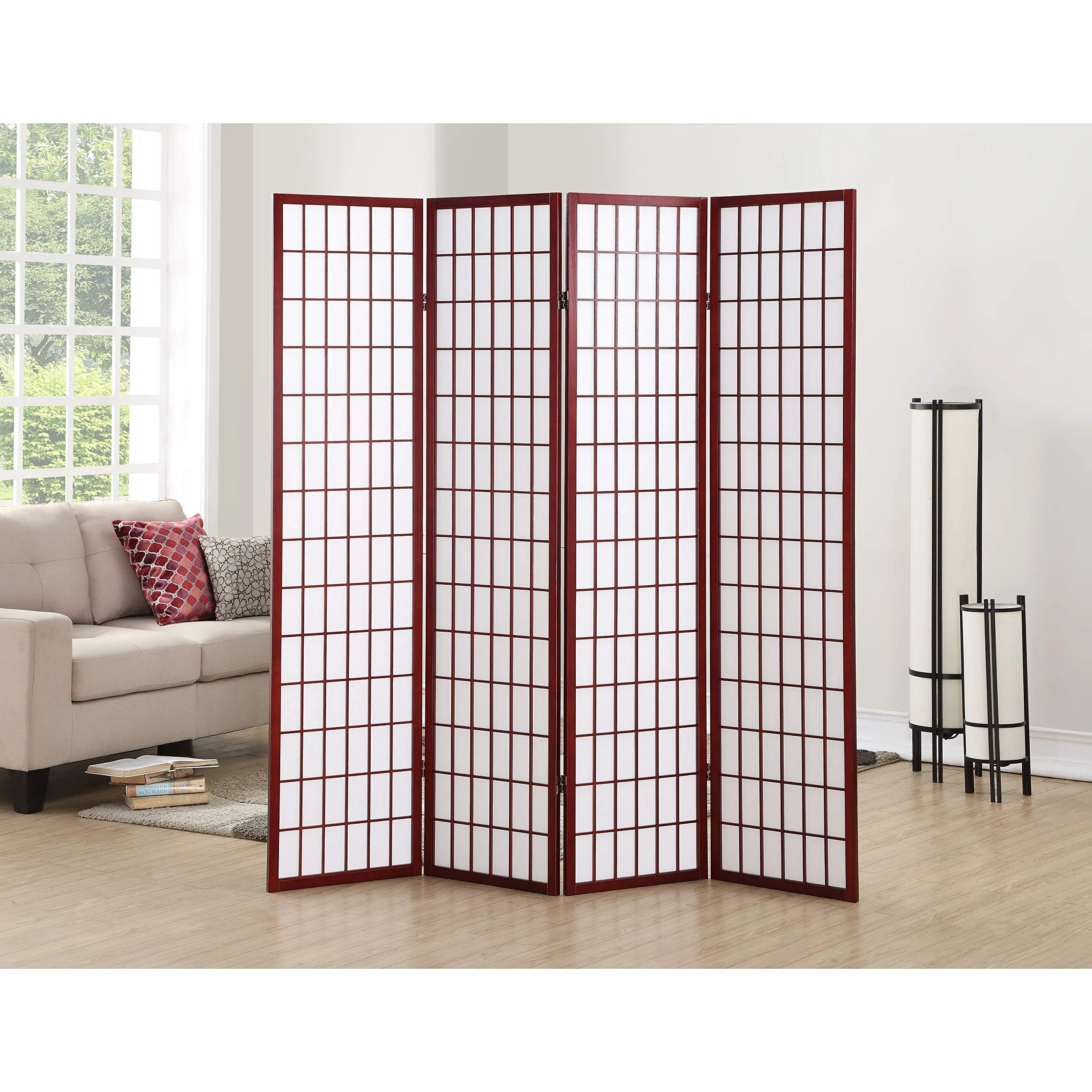 Roundhill Furniture Oriental Shoji 4 Panel Screen Room Divider, Natual