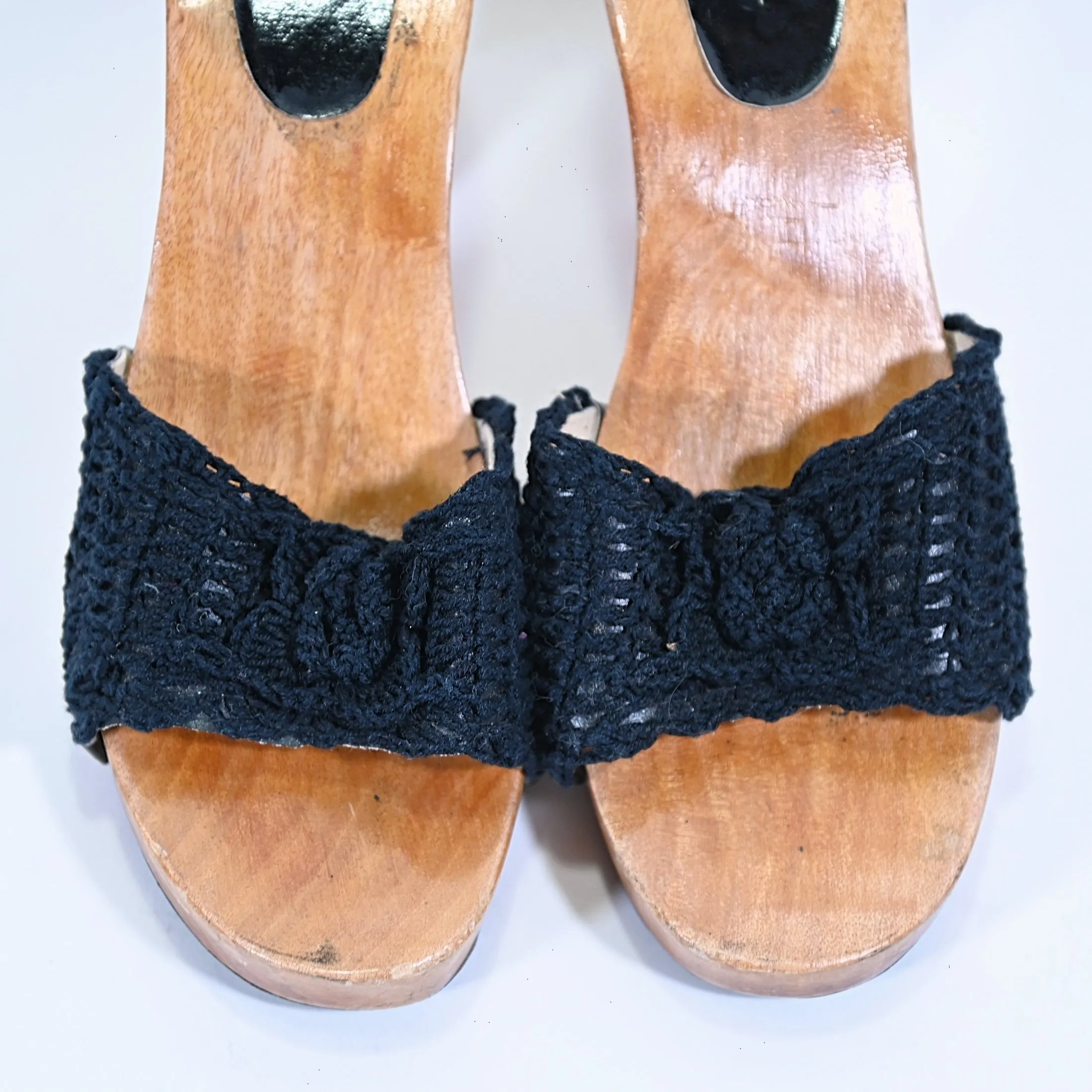 SOLD Vintage Carved Wood High Heel Mules, Crochet Tops Novelty Shoes, Deadstock/Unworn SZ 9